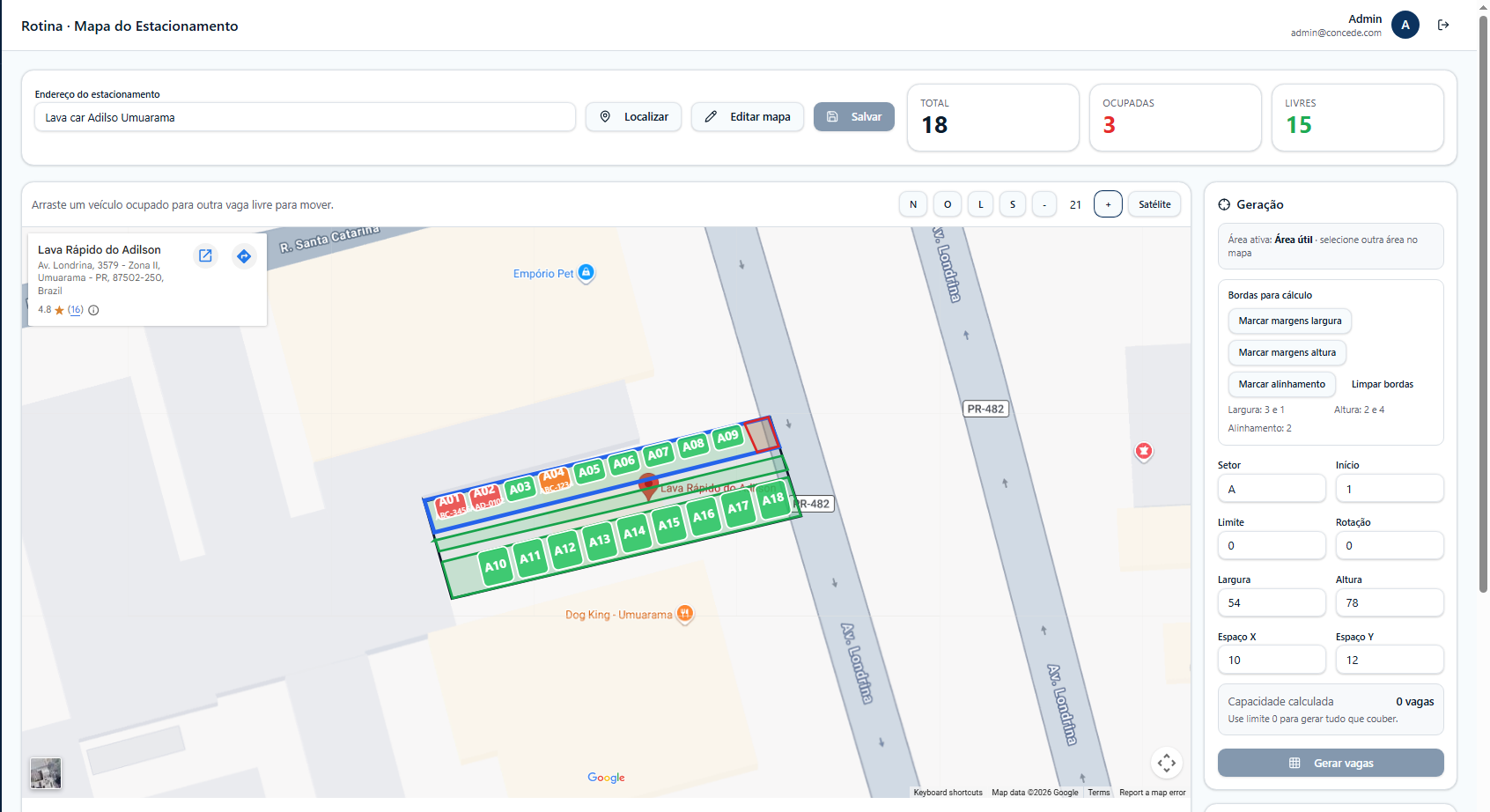 Mapa visual de vagas do estacionamento