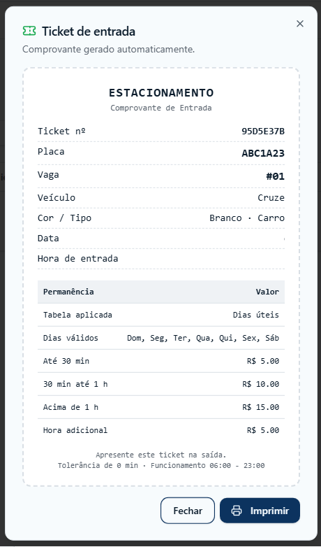 Ticket de entrada do estacionamento